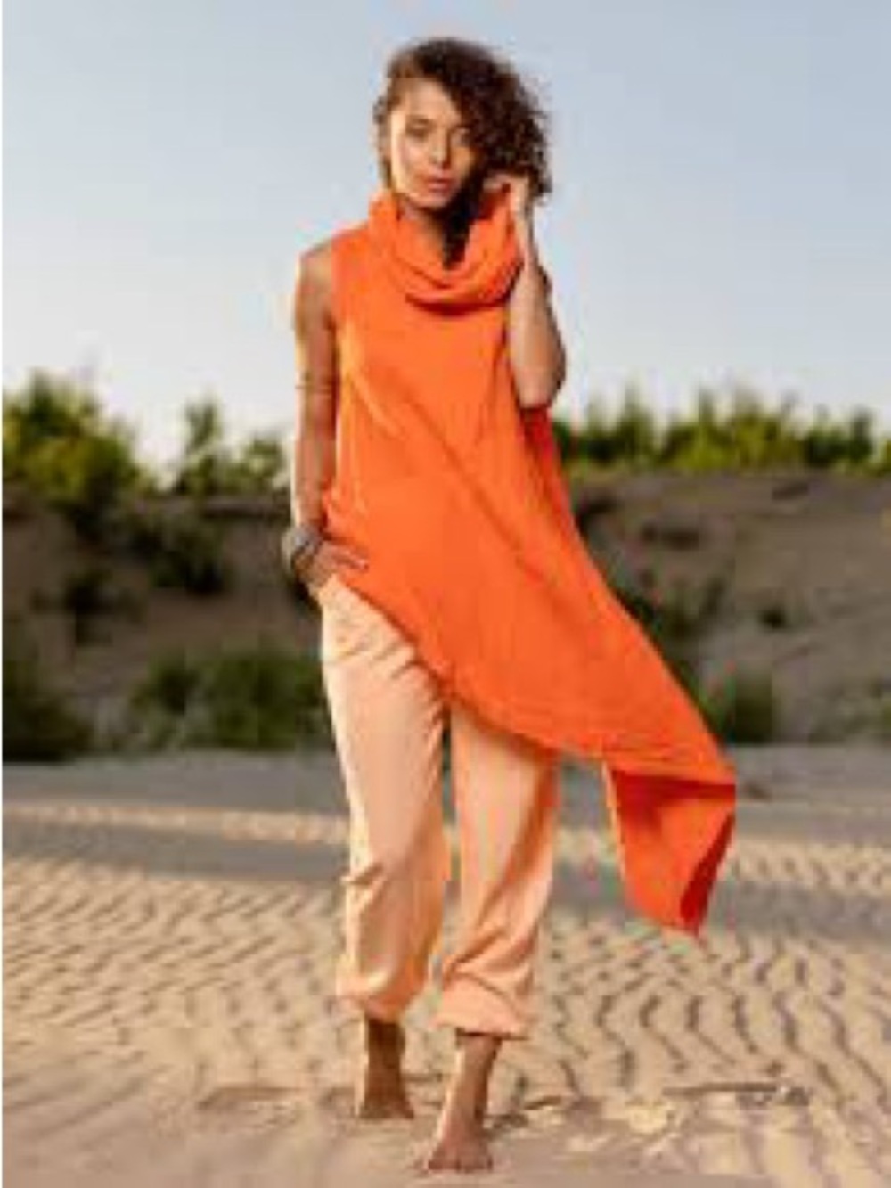 100% Cotton Gauze Draped Orange Sleeveless Scarf-Tunic Top
